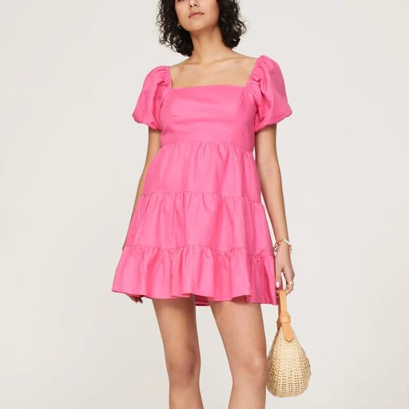 Louna Pink Peasant Babydoll Mini Dress XL Fit n Flare Linen Puff Sleeve $150 - Picture 1 of 13
